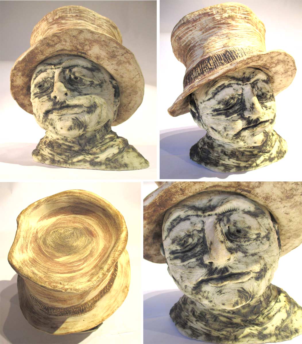 L'homme au chapeau - Grès GTP clair cuisson haute T°, visage oxyde rouge, chapeau oxyde jaune
